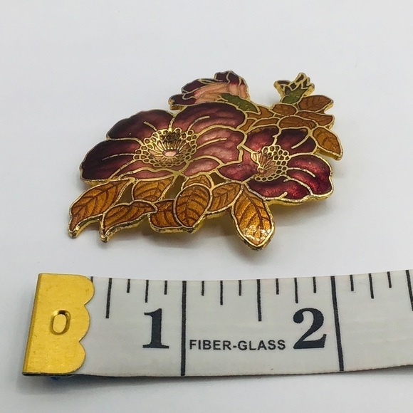 Vtg Cloisonne Brooch 2” Jewelry Gold Tone Flowers Enamel Pin Multicolor Pink Red - Picture 7 of 7